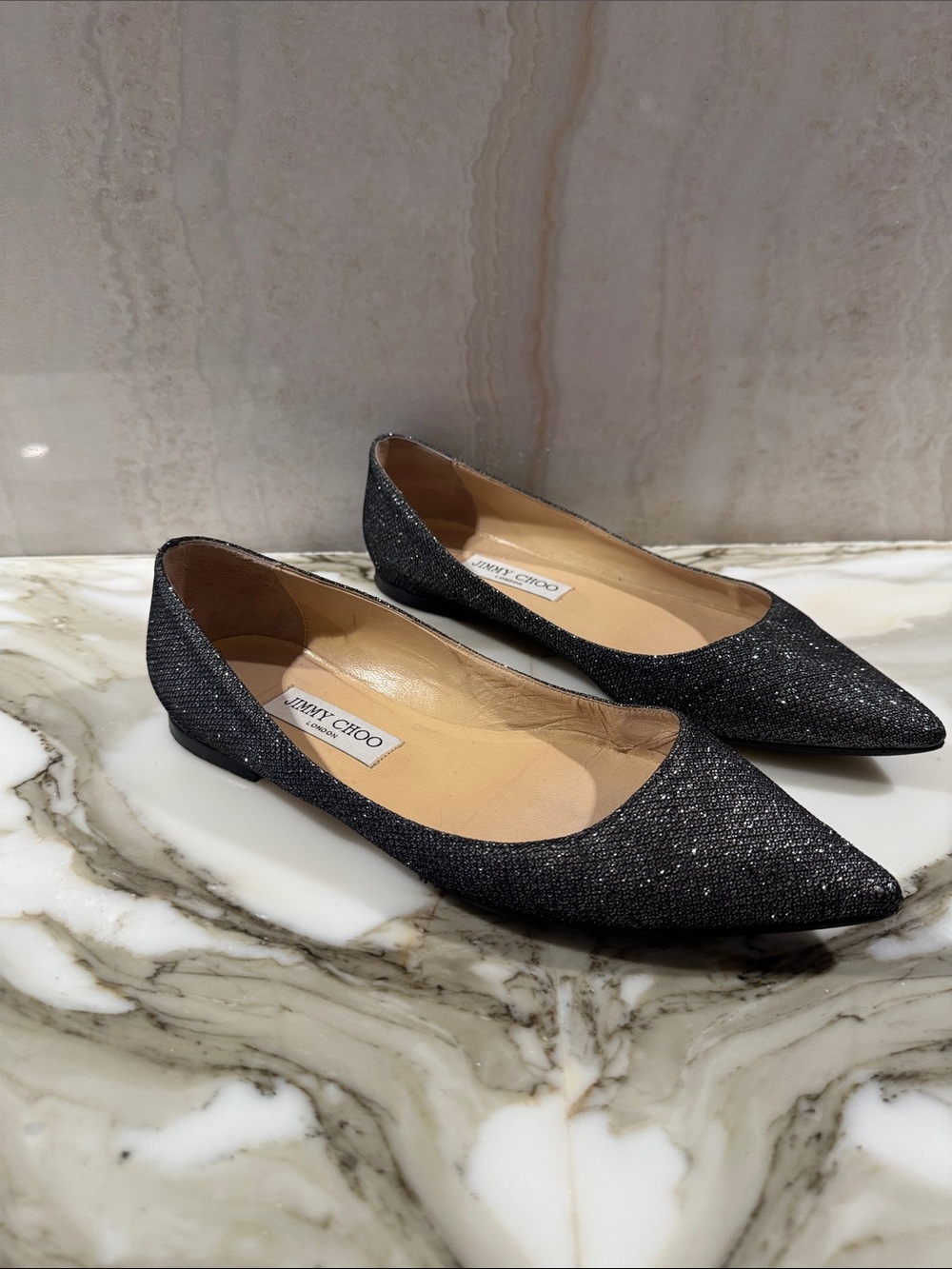 Jimmy Choo Sparkling Black Pointed Ballet Flats